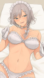 Rule 34 | 1girl, alternate hairstyle, bare shoulders, belt collar, blue eyes, blush, bow, bra, braid, breasts, choker, collar, collarbone, cowboy shot, frilled bra, frilled panties, frills, gloves, grey hair, groin, hair bow, head tilt, highres, izayoi sakuya, looking at viewer, lying, maid headdress, medium breasts, navel, necro (nekurodayo), on back, on bed, open mouth, panties, pulled by self, shiny skin, short hair, side braid, single braid, skindentation, slit pupils, smile, solo, stomach, strap pull, swept bangs, thighhighs, touhou, underwear, underwear only, white bow, white bra, white choker, white gloves, white headwear, white panties, white thighhighs