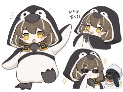 Rule 34 | 1girl, :d, animal, animal costume, animal hood, arknights, bird, blush stickers, bowl, brown eyes, brown hair, chibi, cropped torso, food, highres, holding, holding bowl, hood, hood up, magallan (arknights), multicolored hair, multiple views, open mouth, penguin, penguin costume, penguin hood, short eyebrows, simple background, smile, someyaya, sparkle, standing, standing on one leg, streaked hair, sunglasses, thick eyebrows, translation request, upper body, white background