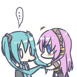 Rule 34 | blush, hatsune miku, long hair, lowres, megurine luka, pink hair, twintails, vocaloid, yuri