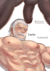 Rule 34 | 2boys, abs, age difference, bara, beard, blush, cum, cum on body, erection, facial hair, highres, lucio (overwatch), male focus, multiple boys, muscular, naughty face, overwatch, overwatch 1, pectorals, penis, reinhardt (overwatch), scar, smile, testicles, yaoi
