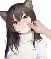 Rule 34 | 1girl, :&lt;, animal ear fluff, animal ears, bad id, bad pixiv id, brown eyes, brown hair, cat, cat ears, cheek pinching, closed mouth, derivative work, dongho kang, head tilt, highres, long hair, looking at viewer, original, photo inset, pinching, ribbed sweater, simple background, solo focus, sweater, turtleneck, turtleneck sweater, white background, yellow eyes
