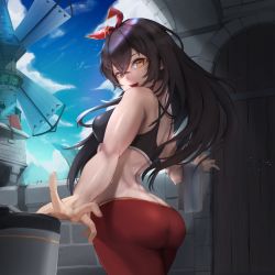Rule 34 | 1girl, amber (genshin impact), ass, bare arms, bare shoulders, blue sky, brown hair, butt crack, casual, cloud, day, genshin impact, highres, long hair, looking at viewer, midriff, open mouth, pants, pantyhose, red pants, red ribbon, ribbon, sky, smile, sonaworld, sports bra, sportswear, sweat, windmill, yellow eyes