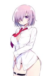 Rule 34 | 1girl, black panties, blush, breasts, chan co, cowboy shot, dress shirt, fate/grand order, fate (series), hair over one eye, large breasts, looking at viewer, mash kyrielight, necktie, no pants, panties, purple eyes, purple hair, red necktie, removed, shirt, short hair, simple background, solo, thigh strap, underwear, white background, white shirt