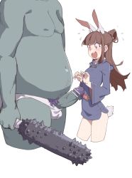 Rule 34 | 10s, 1girl, animal ears, blush, brown hair, censored, club, club (weapon), colored skin, dress, green skin, hetero, highres, hood, kagari atsuko, kanabou, little witch academia, long hair, ogre, open mouth, penis, penis awe, pointless censoring, qiongsheng, rabbit ears, rabbit tail, red eyes, short dress, size difference, solo focus, surprised, sweatdrop, tail, weapon, witch