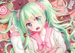 Rule 34 | 1girl, blue eyes, blush, bow, candy, checkerboard cookie, cookie, eating, food, green hair, hair ornament, hair scrunchie, hatsune miku, lol -lots of laugh- (vocaloid), looking at viewer, lying, mamel 27, on back, on floor, pink bow, project diva (series), school uniform, scrunchie, serafuku, solo, tile floor, tiles, twintails, vocaloid, wrapped candy