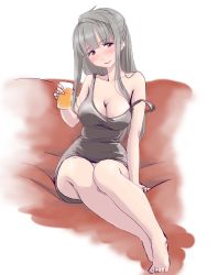 Rule 34 | 10s, 1girl, absurdres, alcohol, arm support, bare shoulders, barefoot, beer, blush, breasts, brown eyes, cleavage, couch, full body, glass, grey hair, head tilt, highres, holding, holding glass, large breasts, long hair, looking at viewer, love live!, love live! school idol project, mature female, minami kotori&#039;s mother, simple background, sitting, smile, solo, strap slip, une, white background