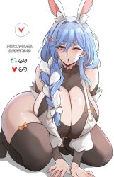 Rule 34 | 1girl, animal ears, black thighhighs, blue hair, blush, braid, breasts, cleavage, cleavage cutout, clothing cutout, hair ornament, hairclip, heart cutout, highres, hololive, huge breasts, lainart, long hair, looking at viewer, mature female, mole, mole on breast, multicolored hair, one eye closed, pekomama, red eyes, solo, thick eyebrows, thick thighs, thighhighs, thighs, two-tone hair, virtual youtuber, white background, white hair