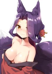 Rule 34 | 1girl, :3, animal ear fluff, animal ears, bare shoulders, blush, breasts, brown eyes, cleavage, closed mouth, collarbone, commentary request, forehead, fox ears, fox girl, fox tail, hair ornament, hair over one eye, haru (renol), highres, japanese clothes, kimono, large breasts, long hair, looking at viewer, multicolored hair, nipple slip, nipples, off shoulder, parted bangs, purple hair, red kimono, sewayaki kitsune no senko-san, simple background, smile, solo, sora (sewayaki kitsune no senko-san), tail, two-tone hair, upper body, white background