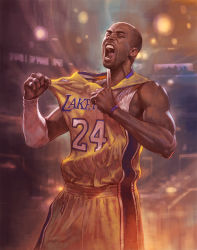 Rule 34 | 1boy, arina nary, bald, basketball court, basketball jersey, basketball uniform, bracelet, character name, commentary, cowboy shot, dark-skinned male, dark skin, elbow pads, english text, examheart, closed eyes, indoors, jewelry, kobe bryant, los angeles lakers, male focus, manly, muscular, national basketball association, open mouth, real life, ring, shirt, shorts, shouting, signature, sleeveless, sleeveless shirt, solo, sportswear, tank top, teeth, tongue, upper body, white tank top, wristband, yellow shorts