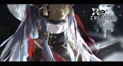 Rule 34 | 1girl, altair (re:creators), black border, border, cell (acorecell), closed mouth, copyright name, hair between eyes, hat, high collar, highres, letterboxed, long hair, military, military uniform, re:creators, red eyes, red ribbon, ribbon, shako cap, silver hair, two side up, uniform