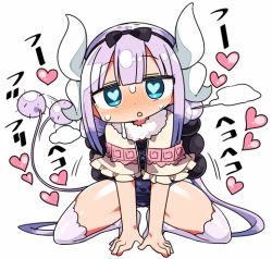 Rule 34 | 1girl, afterimage, all fours, black bow, black hairband, blue eyes, blue one-piece swimsuit, blush, bow, capelet, dragon horns, frilled capelet, frills, hair bow, hairband, head tilt, heart, heart-shaped pupils, heavy breathing, horns, kanikama, kanna kamui, kneeling, kobayashi-san chi no maidragon, long hair, looking at viewer, no shoes, nose blush, one-piece swimsuit, parted lips, pink hair, purple thighhighs, school swimsuit, simple background, solo, sweat, swimsuit, symbol-shaped pupils, tail, tail wagging, thighhighs, very long hair, white background, white capelet