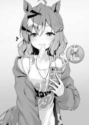 Rule 34 | 1girl, absurdres, ahoge, animal ears, braid, casual, cellphone, collarbone, commentary request, eighth note, gradient background, grey background, greyscale, grin, hair between eyes, hair ornament, hairclip, highres, holding, holding phone, horse ears, horse girl, horse tail, jacket, jewelry, jungle pocket (umamusume), long sleeves, looking at viewer, medium hair, monochrome, musical note, notched ear, off shoulder, official alternate costume, open clothes, open jacket, pendant, phone, ryochapu, smartphone, smile, solo, tail, tank top, translation request, umamusume, upper body