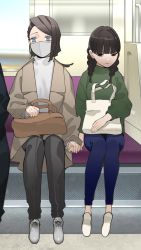 Rule 34 | 1boy, 1girl, bag, black eyes, black hair, blue eyes, blunt bangs, blush, braid, braid girl (enmu&#039;s recruits), breasts, brown coat, closed mouth, coat, contemporary, couple, covered mouth, cross-laced footwear, enmu (kimetsu no yaiba), eyelashes, foot dangle, full body, green sweater, grey footwear, grey pants, hair over shoulder, hand grab, hetero, highres, holding hands, horizontal pupils, kimetsu no yaiba, long hair, long sleeves, looking away, looking down, looking to the side, mask, mihashi (re4 glo), mouth mask, out of frame, pants, seat, short hair with long locks, side-by-side, sitting, sweater, train interior, turtleneck, turtleneck sweater, twin braids, twintails, white footwear, white sweater
