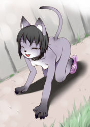 Rule 34 | 1girl, all fours, breasts, cat, cat tail, closed eyes, furry, furry female, hanging breasts, j7w, nipples, nude, outdoors, rorikemo, shadow, shoes, shorts, small breasts, smile, solo, tail