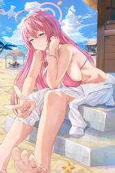 Rule 34 | 1girl, absurdres, bare shoulders, blue archive, green eyes, hanako (blue archive), hanako (swimsuit) (blue archive), highres, looking at viewer, mosta (lo1777789), nails, pink hair, salute, sitting, smile, solo, swimsuit, two-finger salute