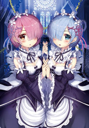 Rule 34 | 10s, 2girls, :o, akabane (zebrasmise), apron, blue eyes, blue hair, blush, bow, breasts, chain, church, cleavage, detached collar, detached sleeves, dress, frilled sleeves, frills, from side, hair ornament, hair over one eye, holding hands, indoors, interlocked fingers, lace, lace-trimmed apron, lace trim, looking at viewer, maid, maid headdress, medium breasts, multiple girls, open mouth, pink hair, ram (re:zero), re:zero kara hajimeru isekai seikatsu, red eyes, rem (re:zero), short hair, siblings, sisters, stained glass, symmetrical hand pose, twins, underbust, wide sleeves, window, x hair ornament