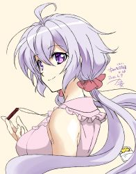 Rule 34 | 1girl, ahoge, bare shoulders, breasts, closed mouth, dated, hair between eyes, highres, kanna (plum), large breasts, light purple hair, long hair, looking at viewer, low twintails, numbered, painttool sai (medium), purple eyes, scrunchie, senki zesshou symphogear, shiny skin, simple background, solo, symphogear pendant, twintails, yukine chris