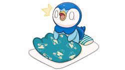 Rule 34 | 0 0, ^^^, commentary request, creatures (company), futon, game freak, gen 4 pokemon, nintendo, no humans, official art, open mouth, pillow, piplup, pokemon, pokemon (creature), project pochama, solo, tongue, under covers, waking up, white background