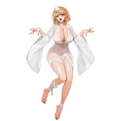 Rule 34 | 1girl, aqua eyes, bandaged ankle, barefoot, black nails, blonde hair, bow, breasts, cleavage, collarbone, evil grin, evil smile, fingernails, floating, frost serpent (last origin), full body, ghost costume, ghost pose, grin, hair intakes, halloween, halloween costume, highres, huge breasts, japanese clothes, kimono, last origin, looking at viewer, loose bandages, nail polish, naked kimono, obi, official alternate costume, official art, open mouth, sash, see-through, see-through kimono, sharp fingernails, shiroshouzoku, short hair, short kimono, simple background, smile, solo, tachi-e, teeth, third-party source, toenail polish, toenails, transparent background, triangular headpiece, tunamayo (dsasd751), v-shaped eyebrows, waist bow, wet, wet clothes, wet kimono, white kimono, wide sleeves
