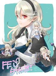 Rule 34 | 4girls, armor, aura, black hairband, blue cape, cape, chibi, closed eyes, closed mouth, corrin (female) (fire emblem), corrin (female) (summer) (fire emblem), corrin (fire emblem), dark aura, dated, dragon, dragon tail, dress, fire emblem, fire emblem fates, fire emblem heroes, flower, hair flower, hair ornament, hairband, knees up, long hair, multiple girls, multiple persona, nintendo, official alternate costume, open mouth, pointy ears, red eyes, riding, robaco, simple background, sitting, sitting on shoulder, smile, swimsuit, tail, white dress, white hair, wyvern