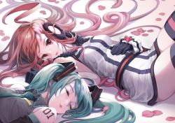 Rule 34 | 2girls, bad id, bad pixiv id, detached sleeves, gloves, green hair, hatsune miku, long hair, looking at viewer, lying, multiple girls, necktie, on back, petals, pomumu, red eyes, red hair, sf-a2 miki, sleeping, thighhighs, very long hair, vocaloid