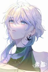 Rule 34 | 1boy, anchor, anchor earrings, androgynous, blue eyes, commission, earrings, ha yoojin, highres, jewelry, looking up, male focus, original, parted lips, purple hair, shirt, short hair with long locks, sleeveless, sleeveless shirt, solo, trap, turtleneck, white background