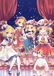Rule 34 | 4girls, :3, alternate costume, alternate wings, arm support, ascot, bag, blonde hair, blue dress, blue legwear, bow, crescent, doughnut, dress, flandre scarlet, food, four of a kind (touhou), fruit, hair ribbon, hands on own cheeks, hands on own face, hat, hiyuu (hiyualice), long sleeves, mary janes, mob cap, multiple girls, one eye closed, open mouth, pantyhose, puffy short sleeves, puffy sleeves, red dress, red eyes, ribbon, shirt, shoes, short sleeves, shoulder bag, side ponytail, skirt, skirt set, smile, star (symbol), strawberry, stuffed animal, stuffed rabbit, stuffed toy, teddy bear, touhou, vest, wings, wrist cuffs