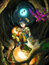 Rule 34 | adovo, bird, blue eyes, blue hair, boots, cave, character request, cloak, double bun, leaf, moss, orb, squatting, tree