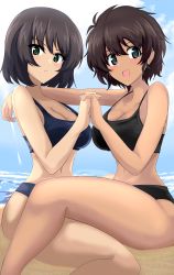 Rule 34 | 2girls, absurdres, aikir (jml5160), arm on another&#039;s shoulder, asymmetrical docking, bare shoulders, beach, blue eyes, breast press, breasts, bright pupils, brown hair, cleavage, collarbone, commission, dark-skinned female, dark skin, girls und panzer, green eyes, highres, hoshino (girls und panzer), interlocked fingers, large breasts, looking at viewer, multiple girls, navel, ocean, open mouth, palms together, pixiv commission, short hair, sitting, smile, sports bra, strap gap, suzuki (girls und panzer), tan, thighs