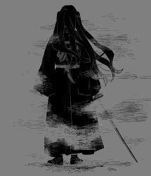 Rule 34 | 1boy, arms at sides, belt, clothes writing, demon slayer uniform, facing away, floating hair, fog, from behind, full body, greyscale, hakama, highres, holding, holding sword, holding weapon, japanese clothes, kimetsu no yaiba, komo (pixiv63440981), long hair, long sleeves, male focus, monochrome, socks, solo, standing, sword, tokitou muichirou, unsheathed, waraji, weapon, wide sleeves