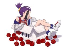 Rule 34 | 1boy, apple, black hair, blue socks, box, creatures (company), food, fruit, game freak, highres, in box, in container, jacket, kieran (pokemon), long sleeves, male focus, multicolored hair, nintendo, off shoulder, open clothes, open jacket, pokemon, pokemon sv, purple hair, red tank top, shoes, shorts, simple background, sitting, socks, solo, tank top, white background, white footwear, white jacket, white shorts, yoya 1713