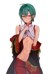 Rule 34 | ahoge, androgynous, bad id, bad twitter id, bare shoulders, blush, chinese clothes, clothes lift, clothes pull, earrings, gender request, green hair, highres, jewelry, konbu wakame, lifting own clothes, navel, nijisanji, pants, pants pull, pulling own clothes, purple eyes, ryuushen, shirt lift, short hair, solo, stomach, virtual youtuber