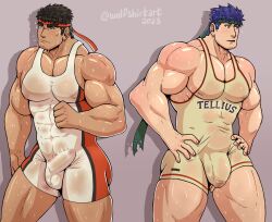 Rule 34 | 2boys, bara, blue eyes, blue hair, bodysuit, bulge, commentary, covered penis, crossover, dark-skinned male, dark skin, english commentary, erection, erection under clothes, feet out of frame, fire emblem, fire emblem: radiant dawn, forked eyebrows, half-erect, headband, highres, ike (fire emblem), looking ahead, male focus, multicolored bodysuit, multicolored clothes, multiple boys, nintendo, pectoral cleavage, pectorals, red bodysuit, ryu (street fighter), short hair, sidepec, singlet, street fighter, sweaty clothes, thick eyebrows, white bodysuit, wolfshirtart