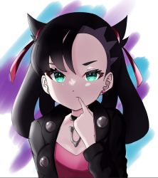 Rule 34 | 1girl, a a (sfpz3443), black hair, black jacket, breasts, choker, cleavage, creatures (company), dress, earrings, finger to mouth, game freak, green eyes, hair ornament, hair ribbon, highres, jacket, jewelry, looking at viewer, marnie (pokemon), nintendo, pink dress, pokemon, pokemon swsh, ribbon, short hair, simple background, solo, sunlight, white background