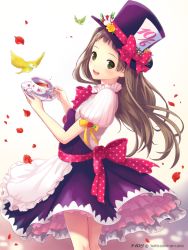 Rule 34 | 1girl, :d, amakusa rin, bird, brown hair, cup, green eyes, hat, holding, ilog, long hair, looking at viewer, occhan (11715), official art, open mouth, petals, smile, solo, teacup, wind