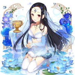 Rule 34 | 1girl, black hair, breasts, chalice, cleavage, cup, detached sleeves, feet, flower, full body, garter straps, head chain, highres, interlocked fingers, jewelry, kneeling, long hair, looking at viewer, lotus, medium breasts, miniskirt, official art, open mouth, own hands clasped, own hands together, red eyes, salt (salty), see-through, skirt, smile, solo, thighhighs, toeless legwear, transparent background, uchi no hime-sama ga ichiban kawaii, water, water drop, white thighhighs