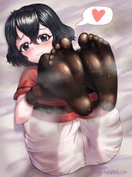 Rule 34 | 1girl, absurdres, artist name, black eyes, black gloves, black hair, black pantyhose, blush, cargo shorts, closed mouth, feet, feet up, foot focus, gloves, heart, highres, kaban (kemono friends), kemono friends, looking at viewer, lying, neukkom, no shoes, on back, pantyhose, red shirt, shiny clothes, shiny legwear, shirt, short hair, shorts, solo, speech bubble, spoken heart, steam, steaming body, sweat, twitter username, wavy hair, wavy mouth, white shorts