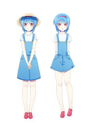 Rule 34 | 2girls, :p, absurdres, alternate costume, alternate eye color, arms behind back, barefoot, blue hair, blue overalls, blush, casual, closed mouth, commentary, full body, hair between eyes, hairband, hat, highres, little busters!, looking at viewer, multiple girls, natsuoto rito, nishizono midori, nishizono mio, overalls, own hands together, pink footwear, red eyes, red hairband, shirt, short hair, short sleeves, side-by-side, simple background, smile, standing, straight-on, straw hat, tachi-e, tongue, tongue out, v arms, white background, white shirt