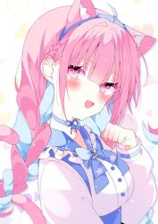 Rule 34 | 1girl, :d, anchor print, animal ears, blue hair, cat ears, colored inner hair, fang, frilled sailor collar, frills, highres, hololive, looking at viewer, minato aqua, multicolored hair, open mouth, paw pose, pink eyes, pink hair, sailor collar, skin fang, smile, solo, suisei 1121, two-tone hair, upper body, virtual youtuber, white background