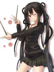 Rule 34 | 1girl, black hair, black skirt, drumsticks, hair ornament, highres, long hair, looking at viewer, one eye closed, original, pleated skirt, red eyes, simple background, skirt, smile, solo, twintails, white background, yakob labo