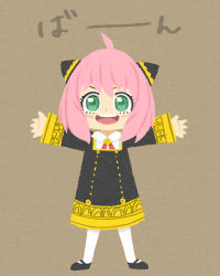 Rule 34 | 1girl, anya (spy x family), blush, brown background, child, collared shirt, green eyes, hair ornament, highres, hiragana, long hair, looking at viewer, miclot, open mouth, outstretched arms, pink hair, ribbon, school uniform, shirt, shoes, simple background, socks, solo, spread arms, spy x family, teeth, text focus, tongue, uniform