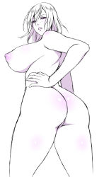 Rule 34 | 1girl, ass, breasts, cowboy shot, from behind, hands on own hips, huge breasts, looking at viewer, looking back, medium hair, monochrome, nipples, nude, parted lips, purple theme, richard (tales), simple background, solo, tales of (series), tales of graces, usagi nagomu, white background