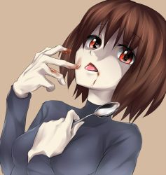 Rule 34 | 10s, bad id, bad pixiv id, brown eyes, brown hair, curry, food, food on face, licking, licking finger, mawaru penguindrum, oginome ringo, short hair, solo, spoon, takabow, turtleneck, yandere