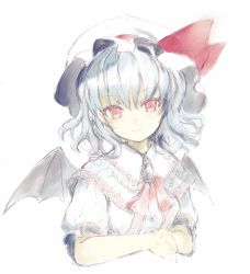 Rule 34 | 1girl, bat wings, catbell, hat, highres, light smile, looking at viewer, red eyes, remilia scarlet, simple background, sketch, solo, touhou, upper body, white background, white hair, wings