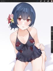 Rule 34 | 1girl, bare shoulders, barefoot, blue dress, blue hair, blush, breasts, collarbone, covered navel, dress, dress swimsuit, floral print, flower, hair flower, hair ornament, highres, idolmaster, idolmaster shiny colors, kneeling, looking at viewer, misekai 555, morino rinze, one-piece swimsuit, open mouth, red eyes, short dress, short hair, simple background, small breasts, solo, swimsuit, thighs, white background