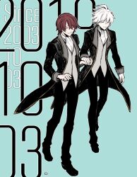 Rule 34 | 2boys, ahoge, anniversary, ascot, black coat, black pants, blue background, closed eyes, coat, commentary request, dated, formal, full body, grey vest, hair between eyes, holding hands, kusabi (aighe), long bangs, long sleeves, male focus, multiple boys, open clothes, open coat, open mouth, pants, ragnarok online, red hair, short hair, smile, suit, vest, walking, white ascot, white hair