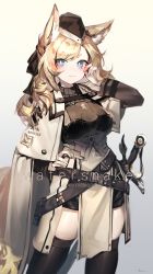 Rule 34 | 1girl, animal ears, arknights, armor, artist name, black hat, black thighhighs, blonde hair, blue eyes, blush, cape, commentary, commission, grey background, hand on own hip, hand up, hat, highres, horse ears, horse girl, horse tail, long hair, ribiadan, sheath, sheathed, simple background, skindentation, smile, solo, sword, tail, thick eyebrows, thighhighs, v-shaped eyebrows, weapon, whislash (arknights), white cape