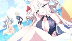 Rule 34 | 3girls, armlet, bare shoulders, black one-piece swimsuit, blonde hair, blue eyes, braid, braided hair rings, breasts, character request, cleavage, clothing cutout, cloud hair, day, dragon horns, dragon print, eversoul, hair rings, hand up, hat, highres, honglan (eversoul), horns, innertube, kaetzchen, large breasts, legs up, long hair, looking at viewer, midriff, mole, mole on breast, mole under eye, multiple girls, official art, one-piece swimsuit, open mouth, outdoors, sarong, side cutout, slit pupils, smile, sun hat, sunlight, swim ring, swimsuit, thighs, third-party source, twin braids, very long hair, wading, water