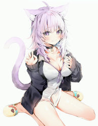 Rule 34 | 1girl, :3, absurdres, ahoge, animal ear fluff, animal ears, bare legs, black choker, black jacket, blush, breasts, cat ears, cat tail, choker, cleavage, closed mouth, collarbone, commentary, hand on own chest, hands up, highres, hololive, huge filesize, jacket, large breasts, long hair, long sleeves, looking at viewer, nekomata okayu, nekomata okayu (oversized shirt), open clothes, open jacket, purple eyes, purple hair, shirt, silver (chenwen), simple background, sitting, sleeves past wrists, slippers, smile, solo, tail, tail raised, virtual youtuber, wariza, white background, white shirt, yellow footwear