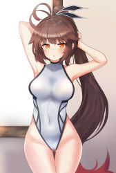 Rule 34 | 1girl, absurdres, alternate hairstyle, antenna hair, arms behind head, arms up, breasts, brown hair, cla (finesoda), competition swimsuit, covered navel, cowboy shot, girls&#039; frontline, gluteal fold, hair ornament, highleg, highleg swimsuit, highres, indoors, large breasts, long hair, looking at viewer, m14 (girls&#039; frontline), one-piece swimsuit, ponytail, solo, swimsuit, thigh gap, turtleneck, white one-piece swimsuit, window, yellow eyes
